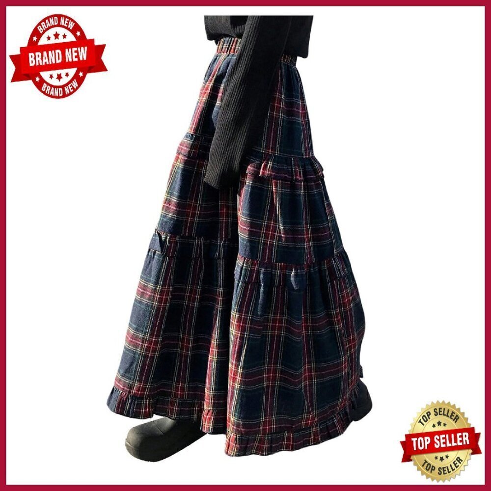 Women's Plaid Maxi Skirt Elastic High Waist Tiered Ruffle A-Line Flowy